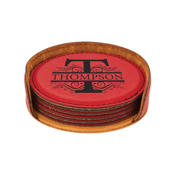Set of six red PU leather drink coasters in storage sleeve.... from ASI 74601 Calico