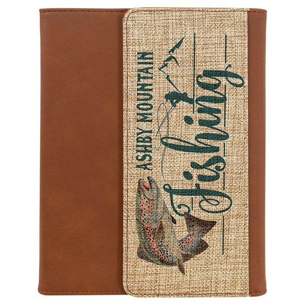 7" x 9" printed burlap and leatherette portfolio notebook.... from ASI 92531 Unique Custom Products / UCP