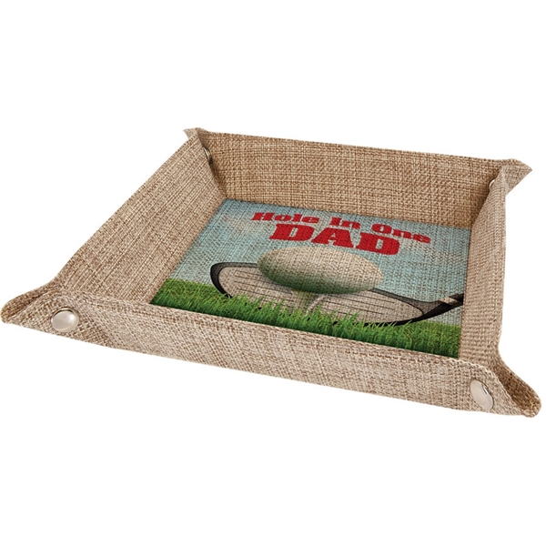 6" x 6" printed burlap snap tray.... from ASI 92531 Unique Custom Products / UCP