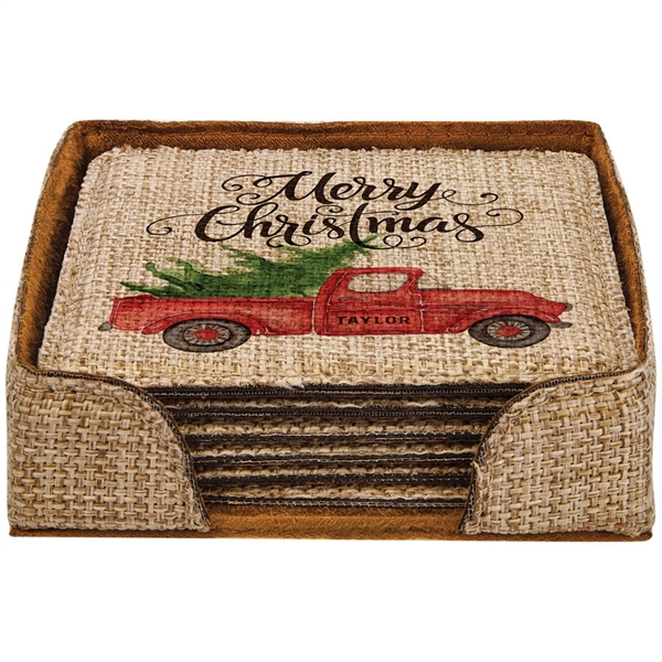 4" x 4" printed square burlap coaster set and holder.... from ASI 92531 Unique Custom Products / UCP