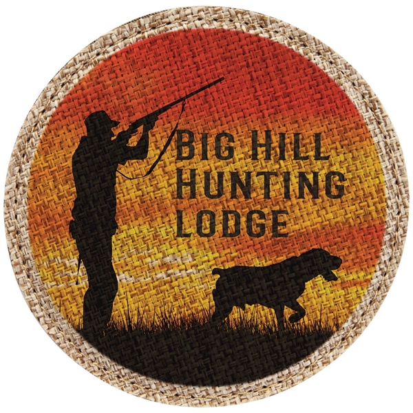 4" x 4" printed round burlap coaster.... from ASI 92531 Unique Custom Products / UCP