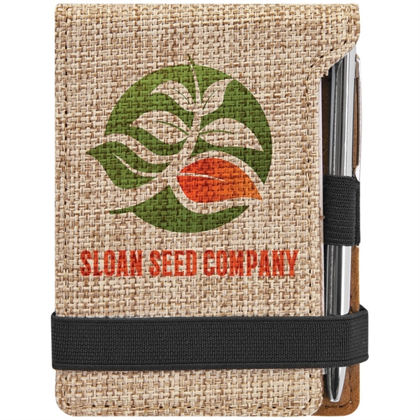 3.25" x 4.75" printed burlap notepad and pen.... from ASI 92531 Unique Custom Products / UCP