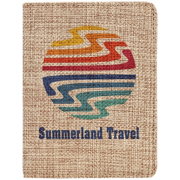4.25" x 5.5" printed burlap passport holder.... from ASI 92531 Unique Custom Products / UCP