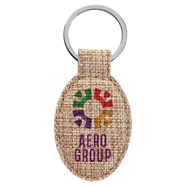 1.75" x 3" color printed burlap oval keychain.... from ASI 92531 Unique Custom Products / UCP
