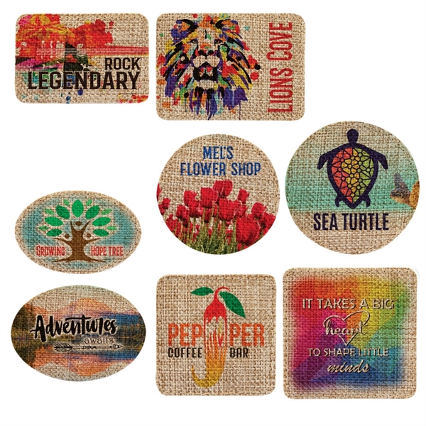 Color printed iron-on burlap patches.... from ASI 92531 Unique Custom Products / UCP