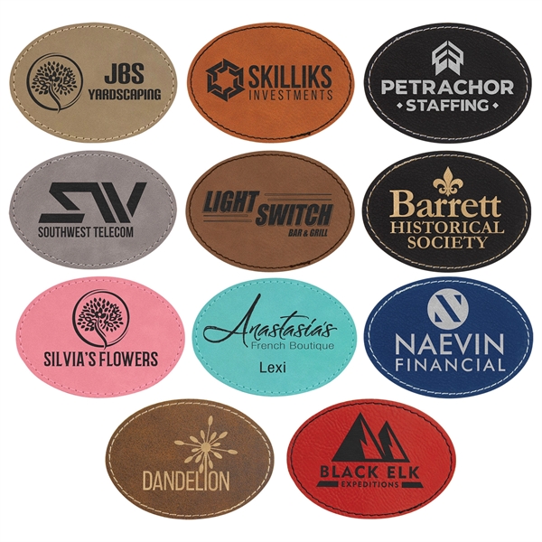 2.5" x 3.5" laser engraved oval leatherette patches with iron on... from ASI 92531 Unique Custom Products / UCP