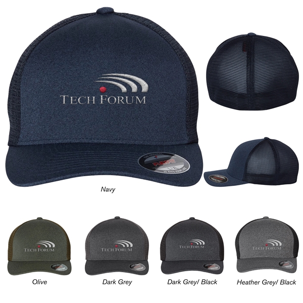 Polyester five-panel trucker-style cap with mesh back, pre-curved visor and Flexfit®... from ASI 88060 Snugz/USA Inc / Sweda®