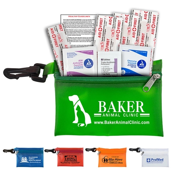 8 piece first aid kit with zippered pouch, carabiner, bandages, antiseptic... from ASI 62660 Innovation Line