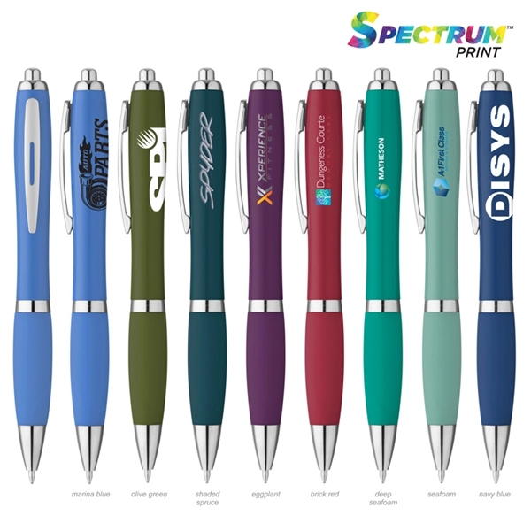 Matte ballpoint pen with a curvy plastic barrel, matching rubberized finish... from ASI 88060 Snugz/USA Inc / Sweda®
