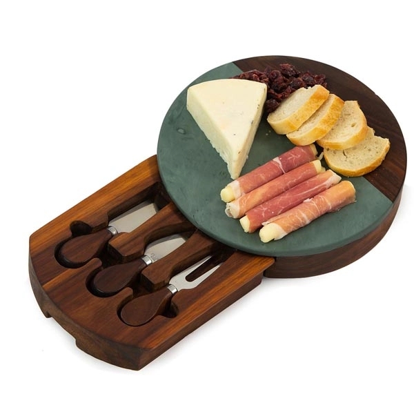 Round marble and acacia wood cheese board with 3 cheese tools... from ASI 88675 Picnic Plus