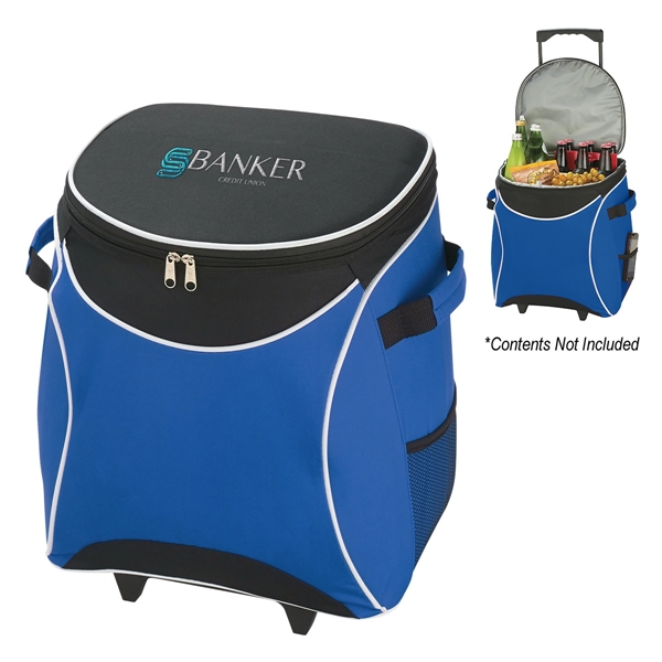 Polyester rolling cooler with large zippered main compartment, retractable auto lock... from ASI 61125 Hit Promotional Products / Hit®