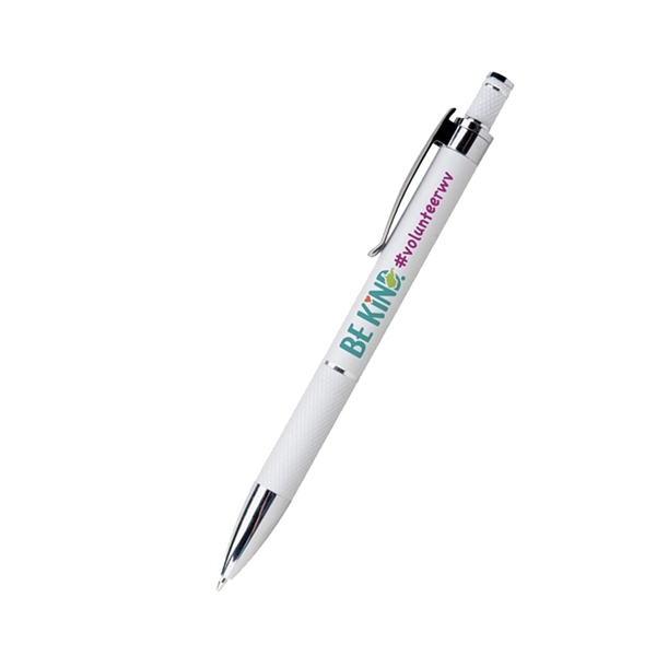 5.43" x 0.43" plunger-action metal ballpoint pen with curved pocket clip.... from ASI 37218 Athena Promo (tm)