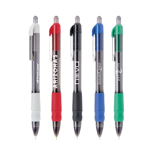 5.57" x 0.40" plastic plunger-action ballpoint pen with rubber grip and... from ASI 37218 Athena Promo (tm)
