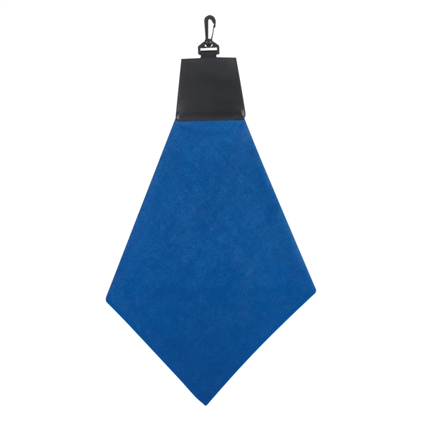 Triangle fold golf towel with leatherette header and plastic swivel hook... from ASI 61125 Hit Promotional Products / Hit®