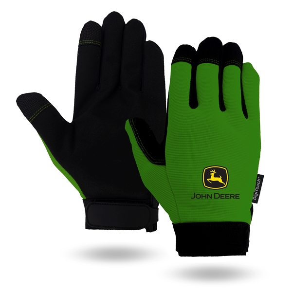 Touchscreen mechanics gloves, black synthetic suede palm, green spandex back.... from ASI 62192 Illinois Glove Co / Honest Abe®