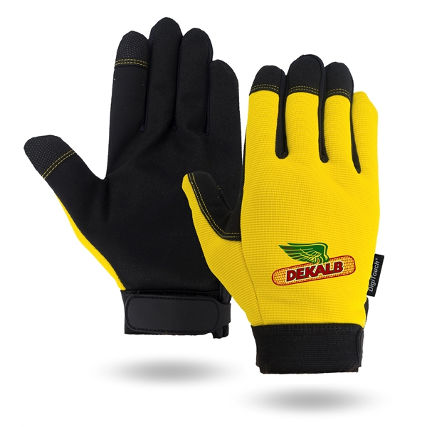 Touchscreen mechanics gloves, black synthetic suede palm, yellow spandex back.... from ASI 62192 Illinois Glove Co / Honest Abe®