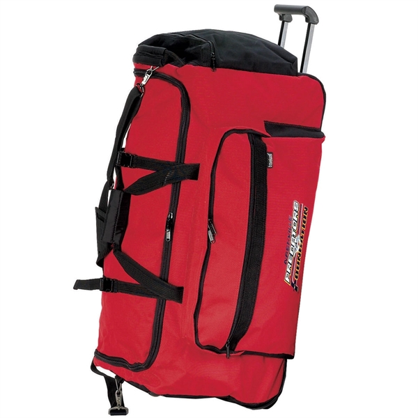 Rolling duffel bag with a gusseted pocket and 2 heavy-duty plastic... from ASI 79384 Preferred Nation Inc / G-tech