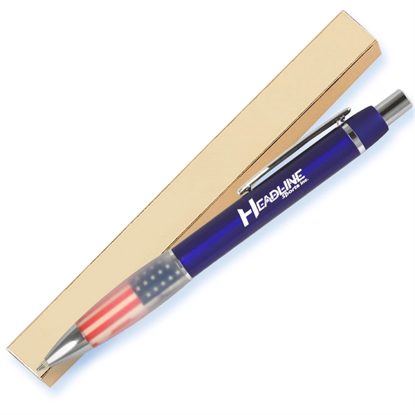 Patriotic metal pen designed with crisp blue barrel and a rubber... from ASI 57956 Graphco line