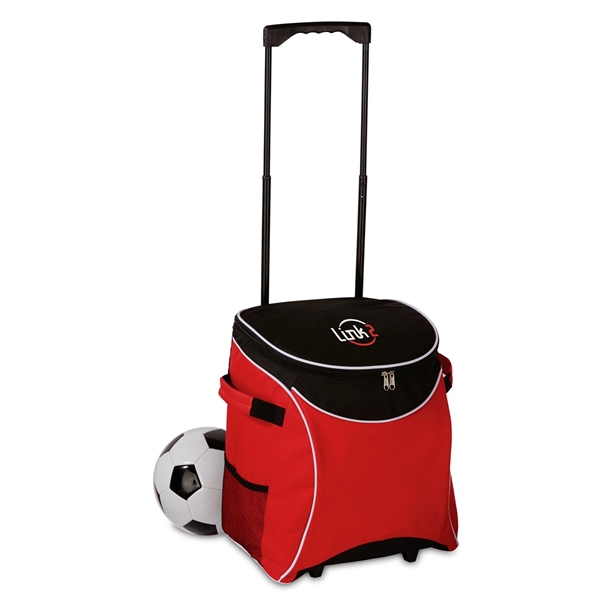 Nylon rolling cooler with a handle, wheels, side pockets, and lid.... from ASI 68507 The Magnet Group / The Bag Factory®
