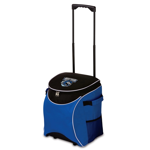 Nylon rolling cooler with a handle, wheels, side pockets, and lid.... from ASI 68507 The Magnet Group / The Bag Factory®