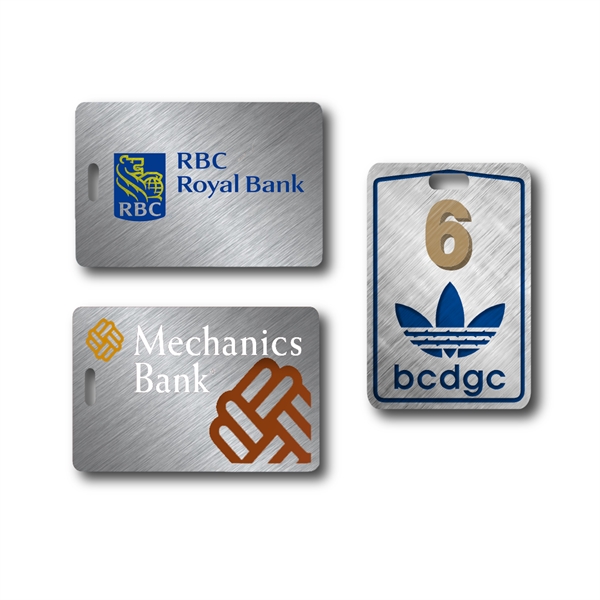 Durable brushed aluminum luggage tag with 6" clear or black vinyl... from ASI 76797 Pelican Graphics / Pelican Lures