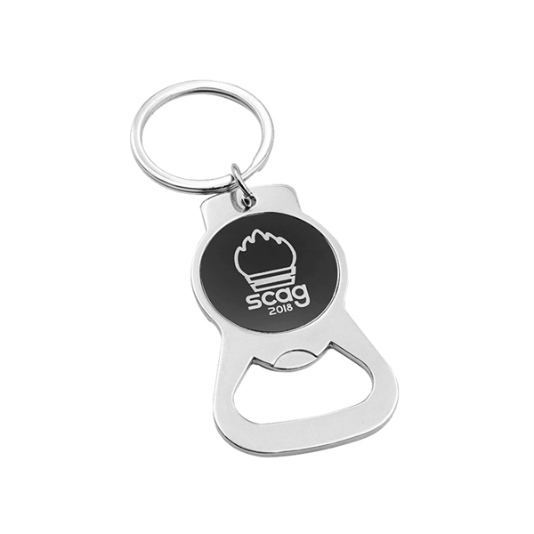 Round metal bottle opener keychain with split keyring attachment plus epoxy... from ASI 37218 Athena Promo (tm)