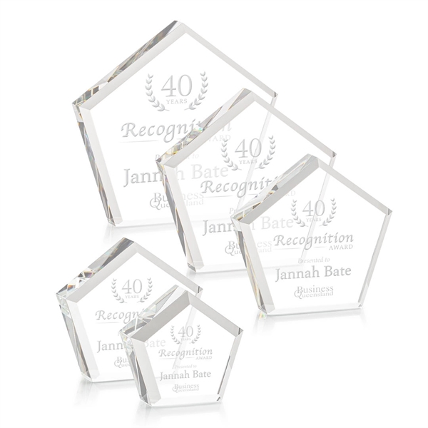 The Genosee Award is a sparkling faceted extra-thick Optical Crystal pentagon... from ASI 84592 St Regis Group / St Regis