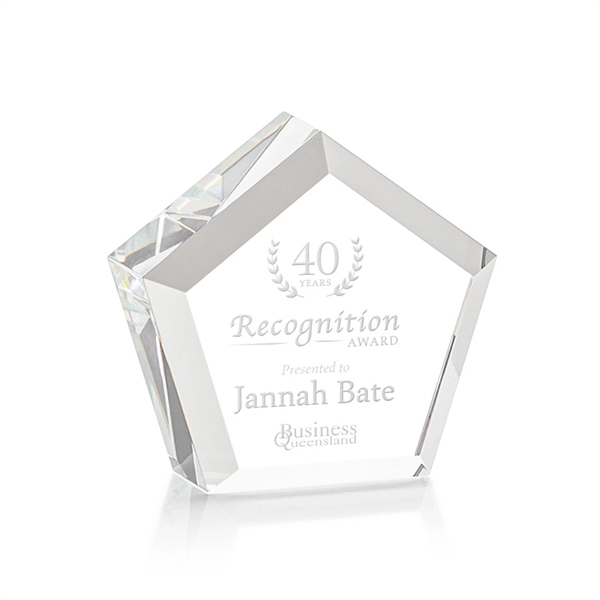 The Genosee Award is a sparkling faceted extra-thick Optical Crystal pentagon... from ASI 84592 St Regis Group / St Regis