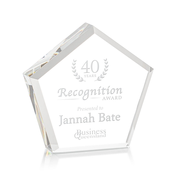 The Genosee Award is a sparkling faceted extra-thick Optical Crystal pentagon... from ASI 84592 St Regis Group / St Regis