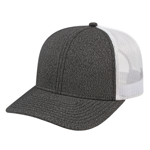 Melange premium trucker style polyester mesh back cap with snapback closure.... from ASI 43792 Cap America Inc