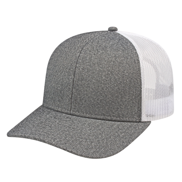 Melange premium trucker style polyester mesh back cap with snapback closure.... from ASI 43792 Cap America Inc