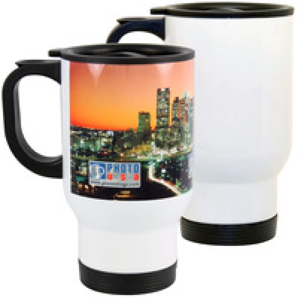 14 oz. white stainless steel travel mug has a rubber-lined pop-top... from ASI 76797 Pelican Graphics / Pelican Lures
