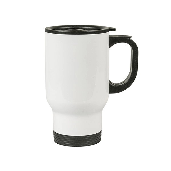 14 oz. white stainless steel travel mug has a rubber-lined pop-top... from ASI 76797 Pelican Graphics / Pelican Lures