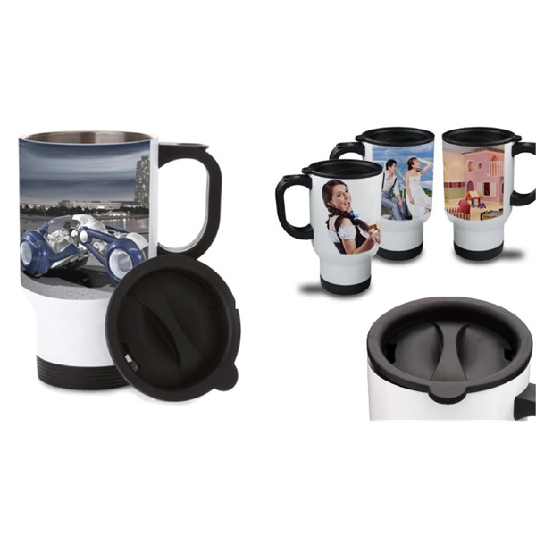 14 oz. white stainless steel travel mug has a rubber-lined pop-top... from ASI 76797 Pelican Graphics / Pelican Lures