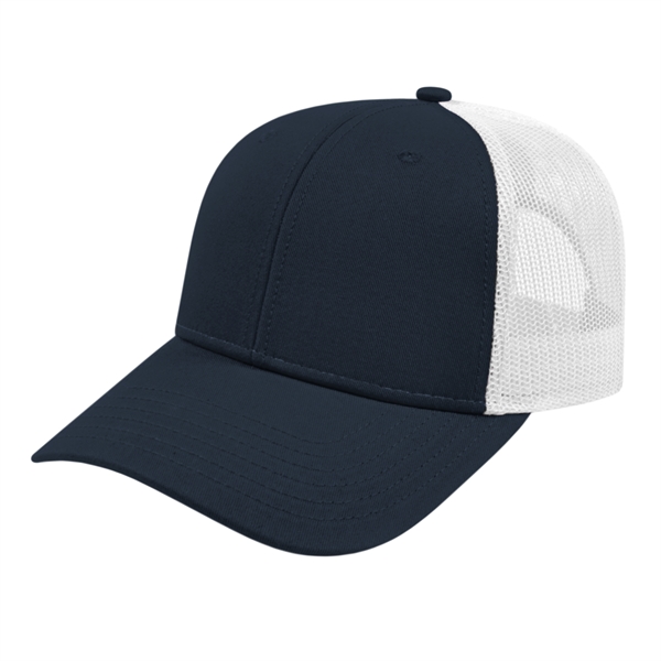Low profile structured six-panel trucker cap with modified flat bill, chino... from ASI 43792 Cap America Inc
