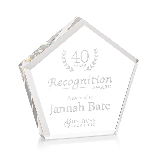 The Genosee Award is a sparkling faceted extra-thick Optical Crystal pentagon... from ASI 84592 St Regis Group / St Regis