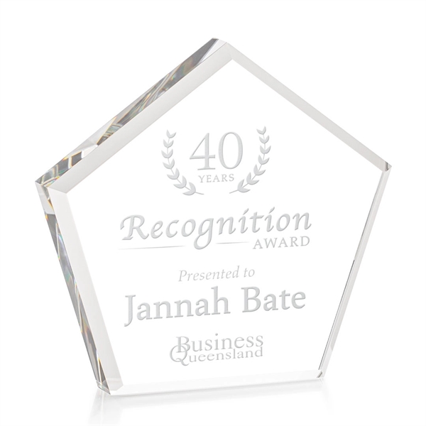 The Genosee Award is a sparkling faceted extra-thick Optical Crystal pentagon... from ASI 84592 St Regis Group / St Regis