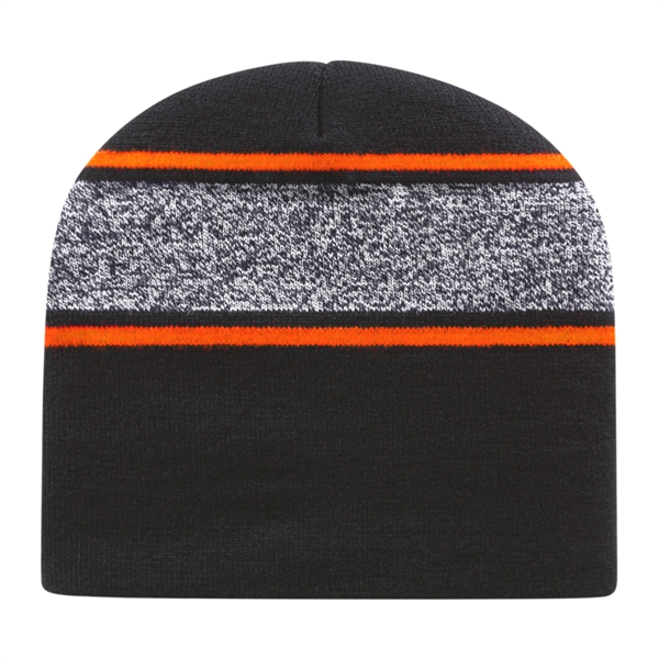 Knit beanie with variegated black and white yarn and contrasting stripes.... from ASI 43792 Cap America Inc