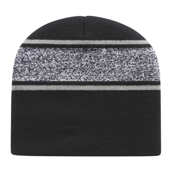 Knit beanie with variegated black and white yarn and contrasting stripes.... from ASI 43792 Cap America Inc