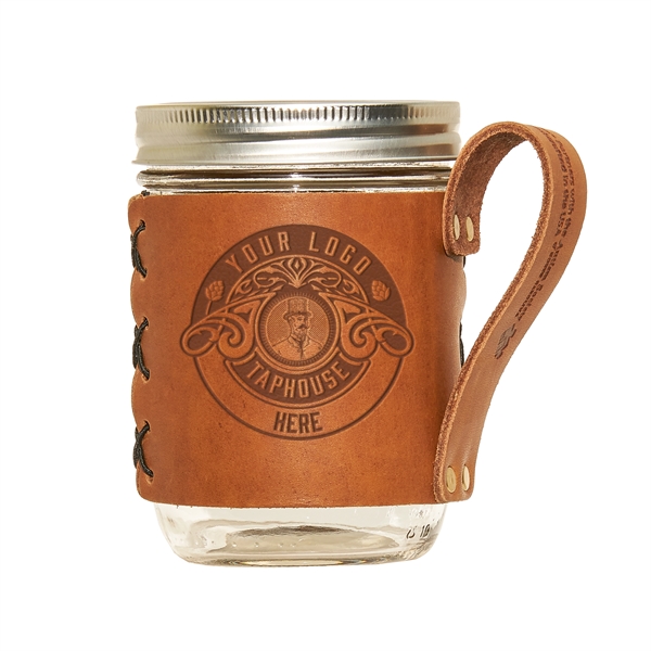 100% Genuine Leather "Wide Mouth" Mason Jar Sleeve with handle fits... from ASI 75126 Oowee Products