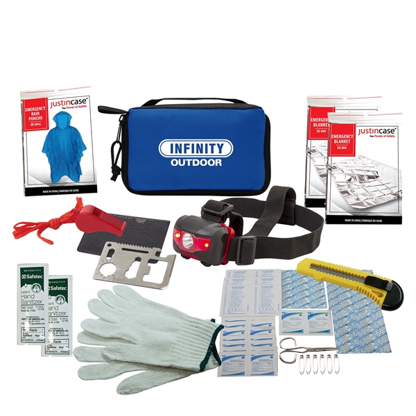 KIT INCLUDES: 2x EMERGENCY BLANKETS, EMERGENCY WHISTLE w/ LANYARD, 51pc FIRST... from ASI 63698 Justin Case®