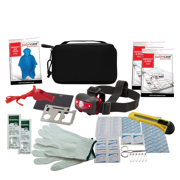 KIT INCLUDES: 2x EMERGENCY BLANKETS, EMERGENCY WHISTLE w/ LANYARD, 51pc FIRST... from ASI 63698 Justin Case®