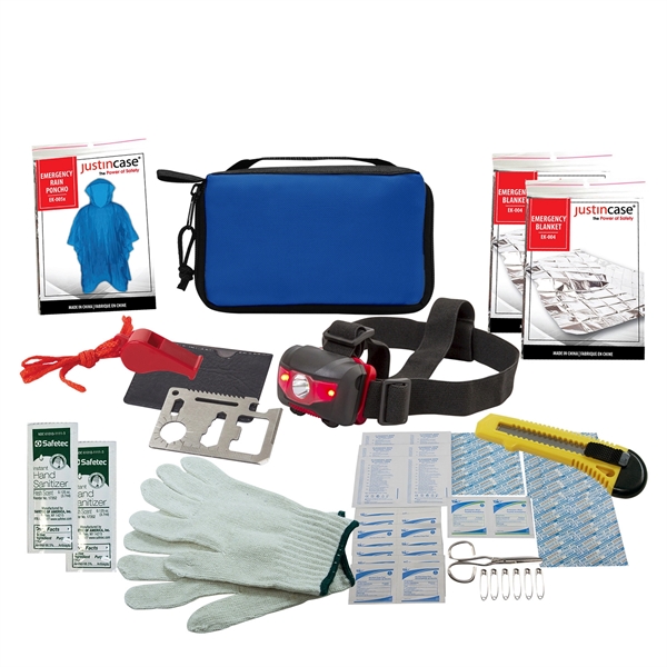 KIT INCLUDES: 2x EMERGENCY BLANKETS, EMERGENCY WHISTLE w/ LANYARD, 51pc FIRST... from ASI 63698 Justin Case®