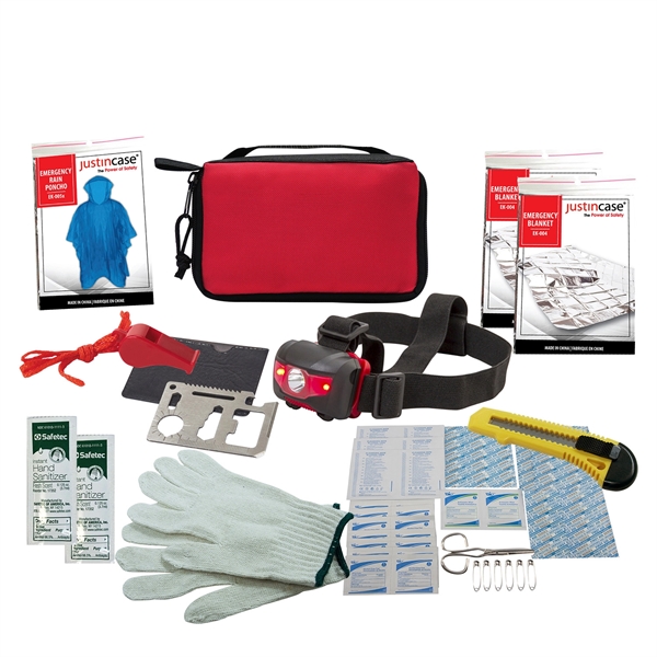 KIT INCLUDES: 2x EMERGENCY BLANKETS, EMERGENCY WHISTLE w/ LANYARD, 51pc FIRST... from ASI 63698 Justin Case®