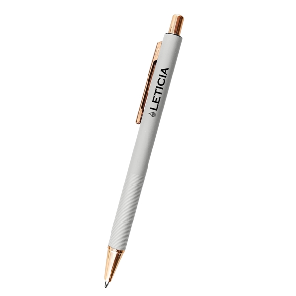 5.5" aluminum Harlow plunger-action pen with rose gold accents and pocket... from ASI 61125 Hit Promotional Products / Hit®