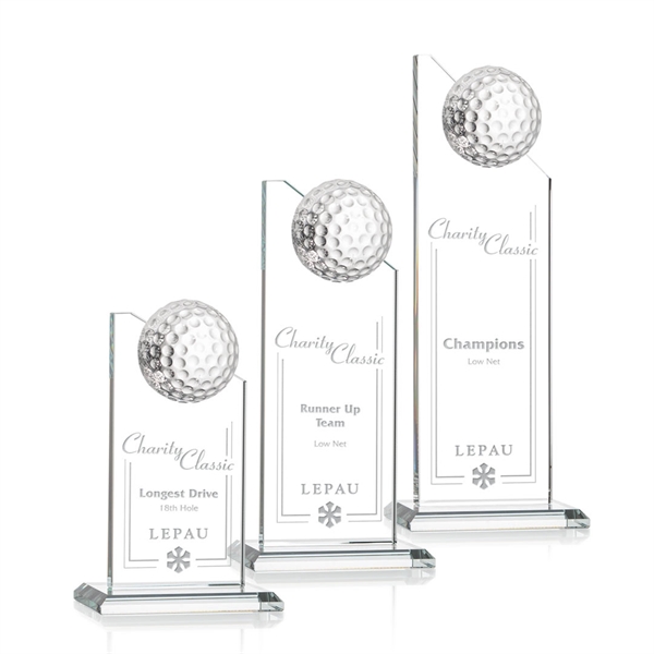 Beautiful 6" golf optical crystal award with 1/2 golf ball attached... from ASI 84592 St Regis Group / St Regis