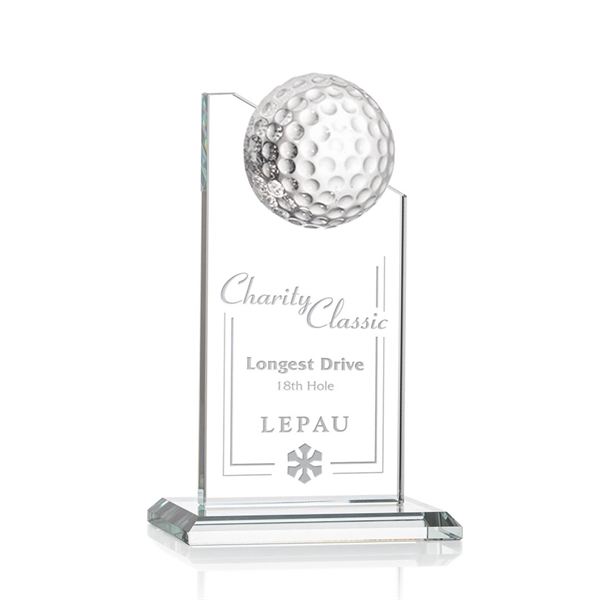 Beautiful 6" golf optical crystal award with 1/2 golf ball attached... from ASI 84592 St Regis Group / St Regis