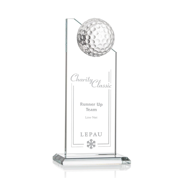 Beautiful 6" golf optical crystal award with 1/2 golf ball attached... from ASI 84592 St Regis Group / St Regis