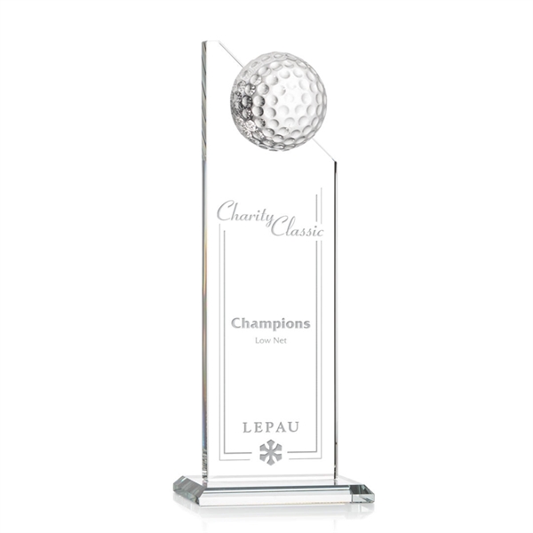 Beautiful 6" golf optical crystal award with 1/2 golf ball attached... from ASI 84592 St Regis Group / St Regis