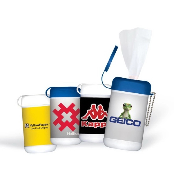 Our mini tube wet tissues are in a re-sealable pop-up dispenser... from ASI 93987 Martini-Vispak Inc.